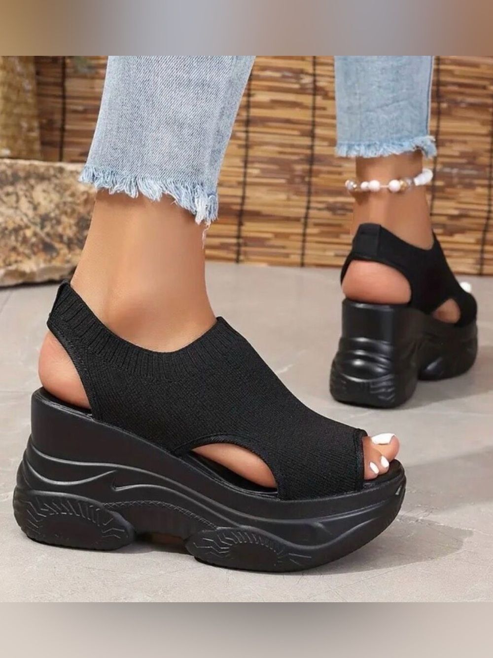 NWT Great Comfy 8.5 Black Elastic Open Toe High Platform Wedge Slingback Sandals
